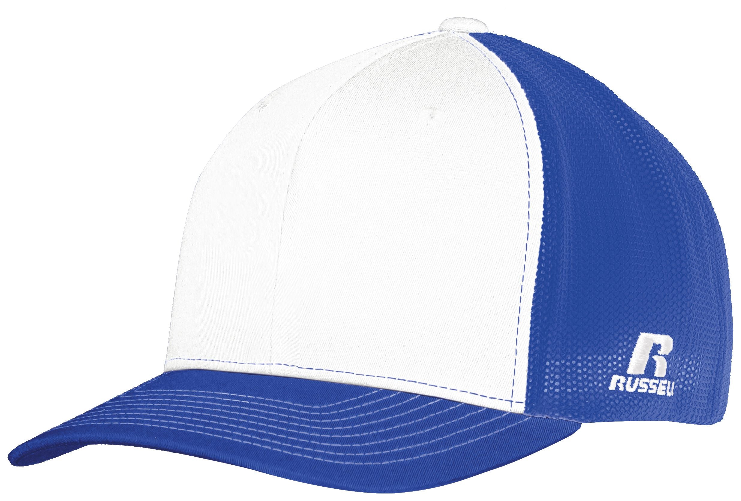 Russell Athletic Flexfit Twill Mesh Cap in White/Royal  -Part of the Adult, Headwear, Headwear-Cap, Russell-Athletic-Products product lines at KanaleyCreations.com
