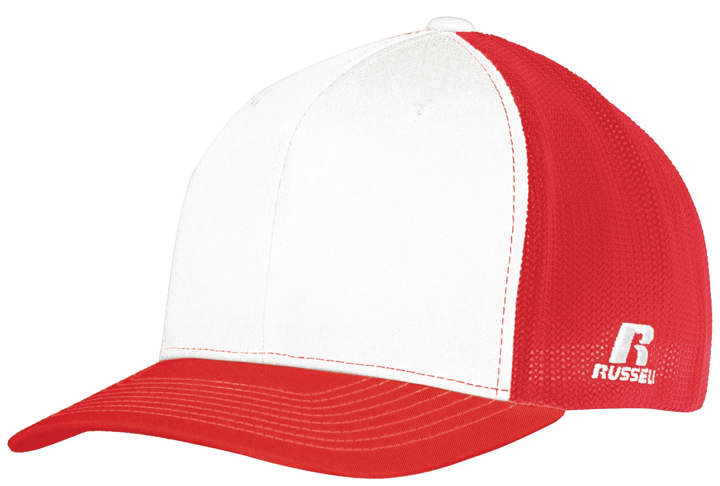 Russell Athletic Flexfit Twill Mesh Cap in White/True Red  -Part of the Adult, Headwear, Headwear-Cap, Russell-Athletic-Products product lines at KanaleyCreations.com