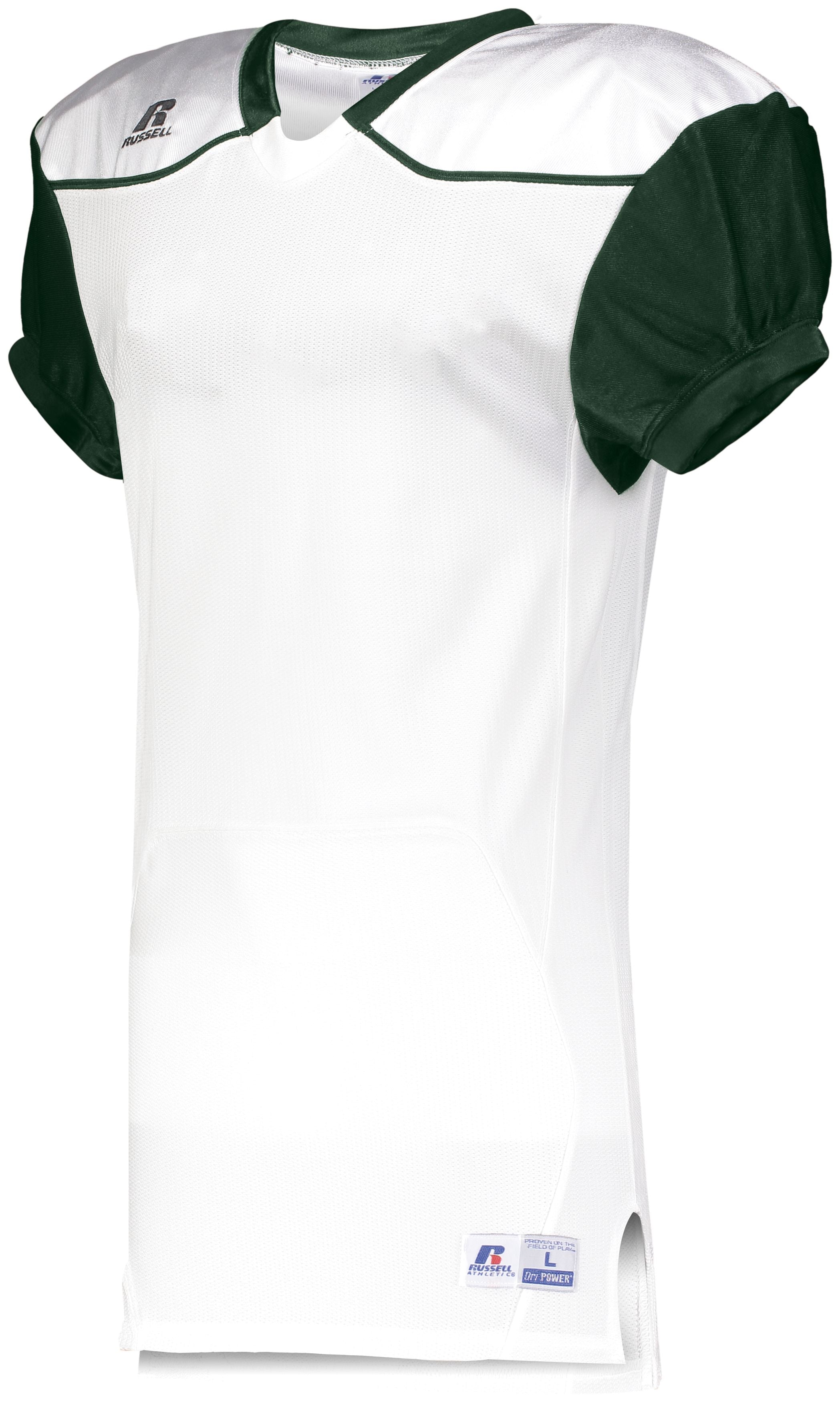 Russell Athletic Color Block Game Jersey (Away) in White/Dark Green  -Part of the Adult, Adult-Jersey, Football, Russell-Athletic-Products, Shirts, All-Sports, All-Sports-1 product lines at KanaleyCreations.com