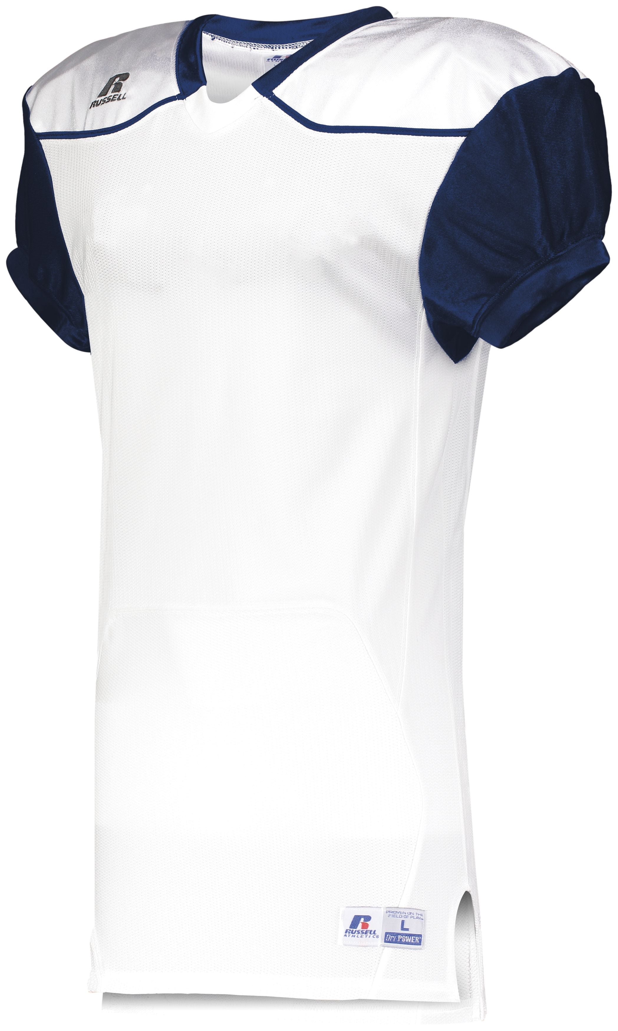 Russell Athletic Color Block Game Jersey (Away) in White/Navy  -Part of the Adult, Adult-Jersey, Football, Russell-Athletic-Products, Shirts, All-Sports, All-Sports-1 product lines at KanaleyCreations.com
