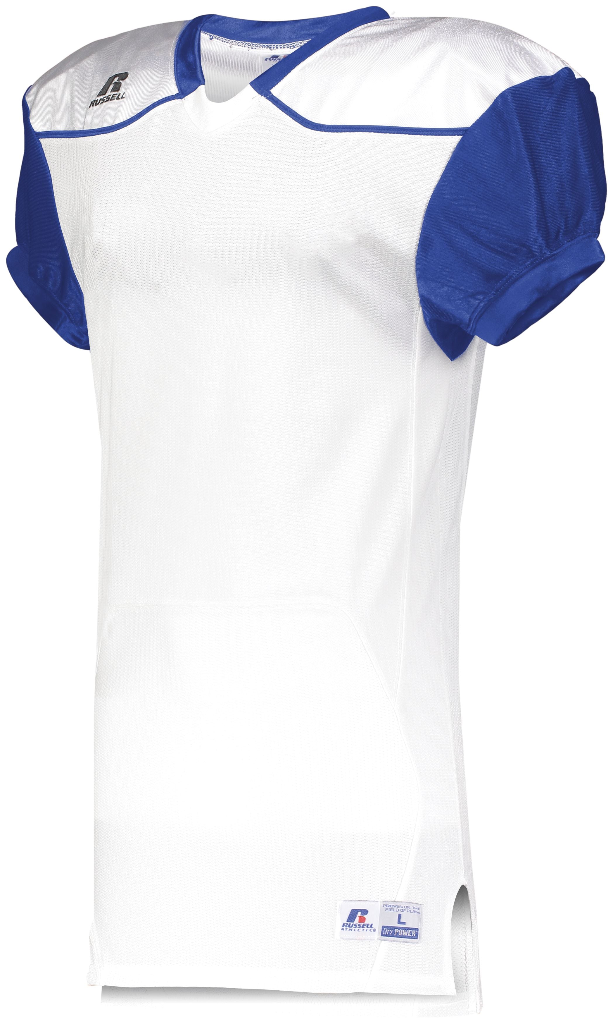 Russell Athletic Color Block Game Jersey (Away) in White/Royal  -Part of the Adult, Adult-Jersey, Football, Russell-Athletic-Products, Shirts, All-Sports, All-Sports-1 product lines at KanaleyCreations.com
