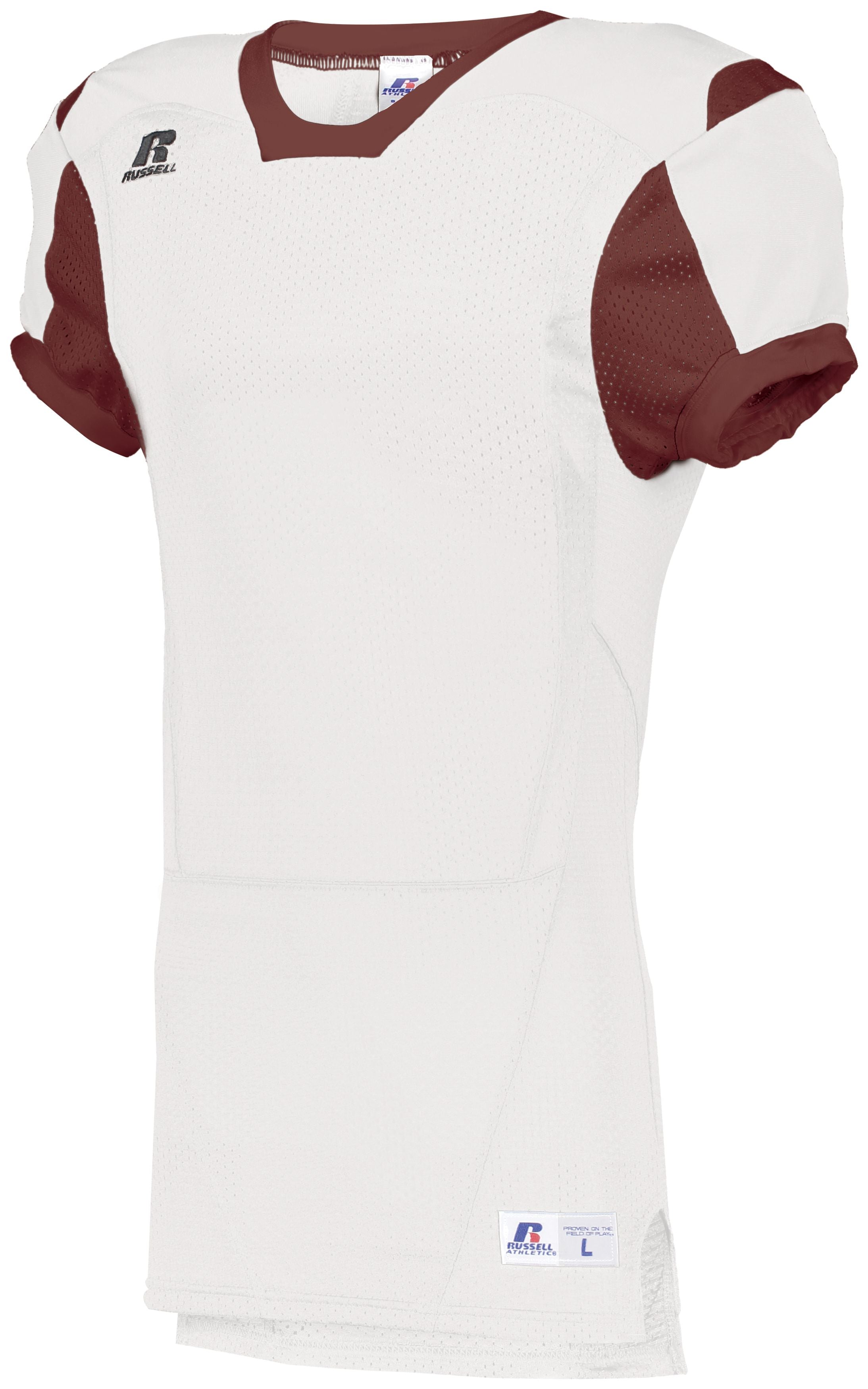Russell Athletic Color Block Game Jersey in White/Cardinal  -Part of the Adult, Adult-Jersey, Football, Russell-Athletic-Products, Shirts, All-Sports, All-Sports-1 product lines at KanaleyCreations.com