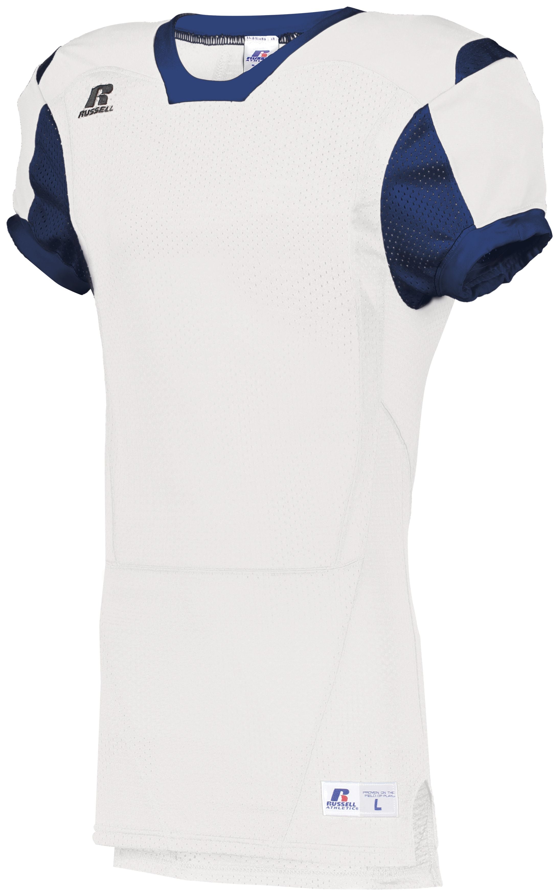 Russell Athletic Color Block Game Jersey in White/Navy  -Part of the Adult, Adult-Jersey, Football, Russell-Athletic-Products, Shirts, All-Sports, All-Sports-1 product lines at KanaleyCreations.com