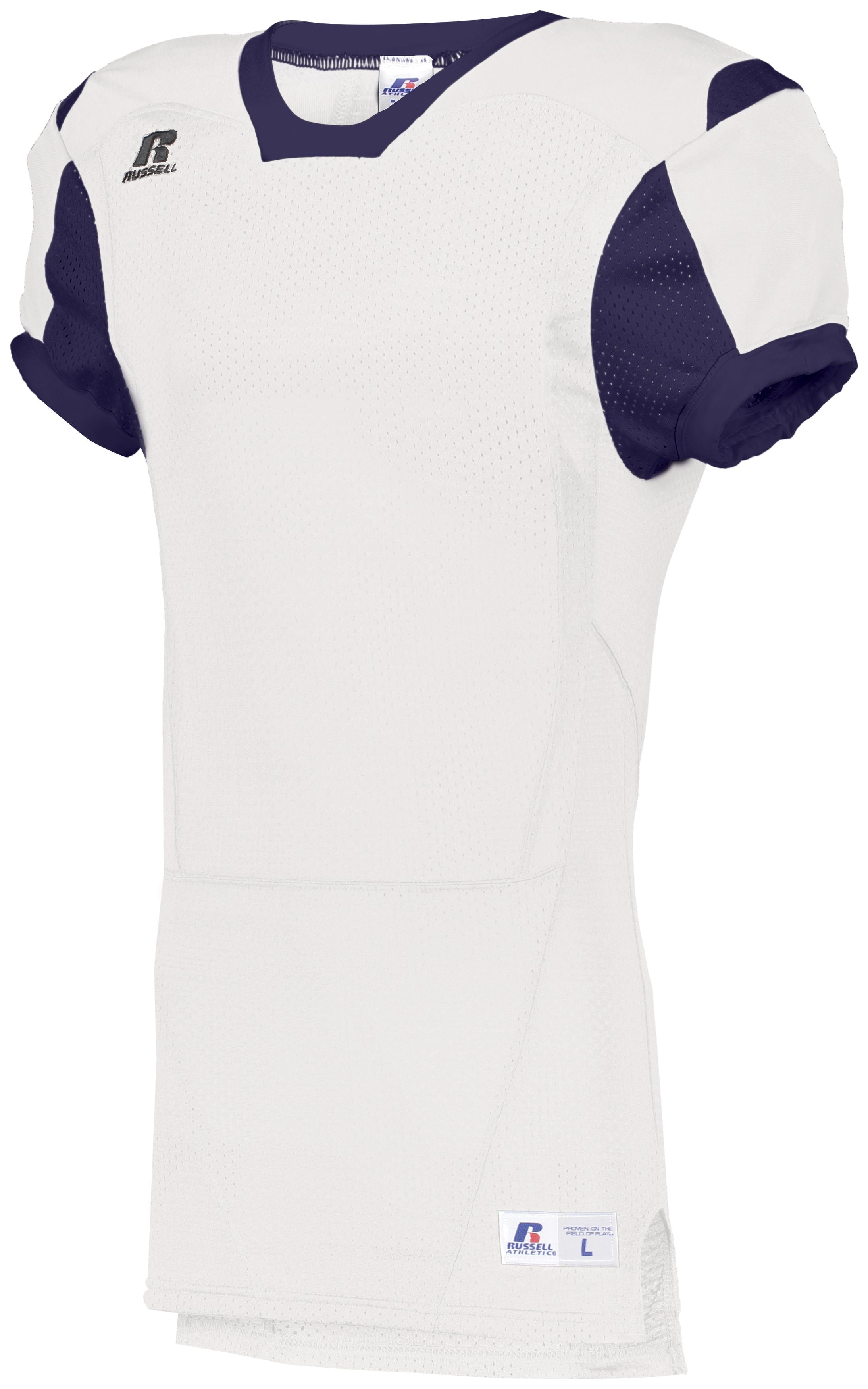 Russell Athletic Color Block Game Jersey in White/Purple  -Part of the Adult, Adult-Jersey, Football, Russell-Athletic-Products, Shirts, All-Sports, All-Sports-1 product lines at KanaleyCreations.com