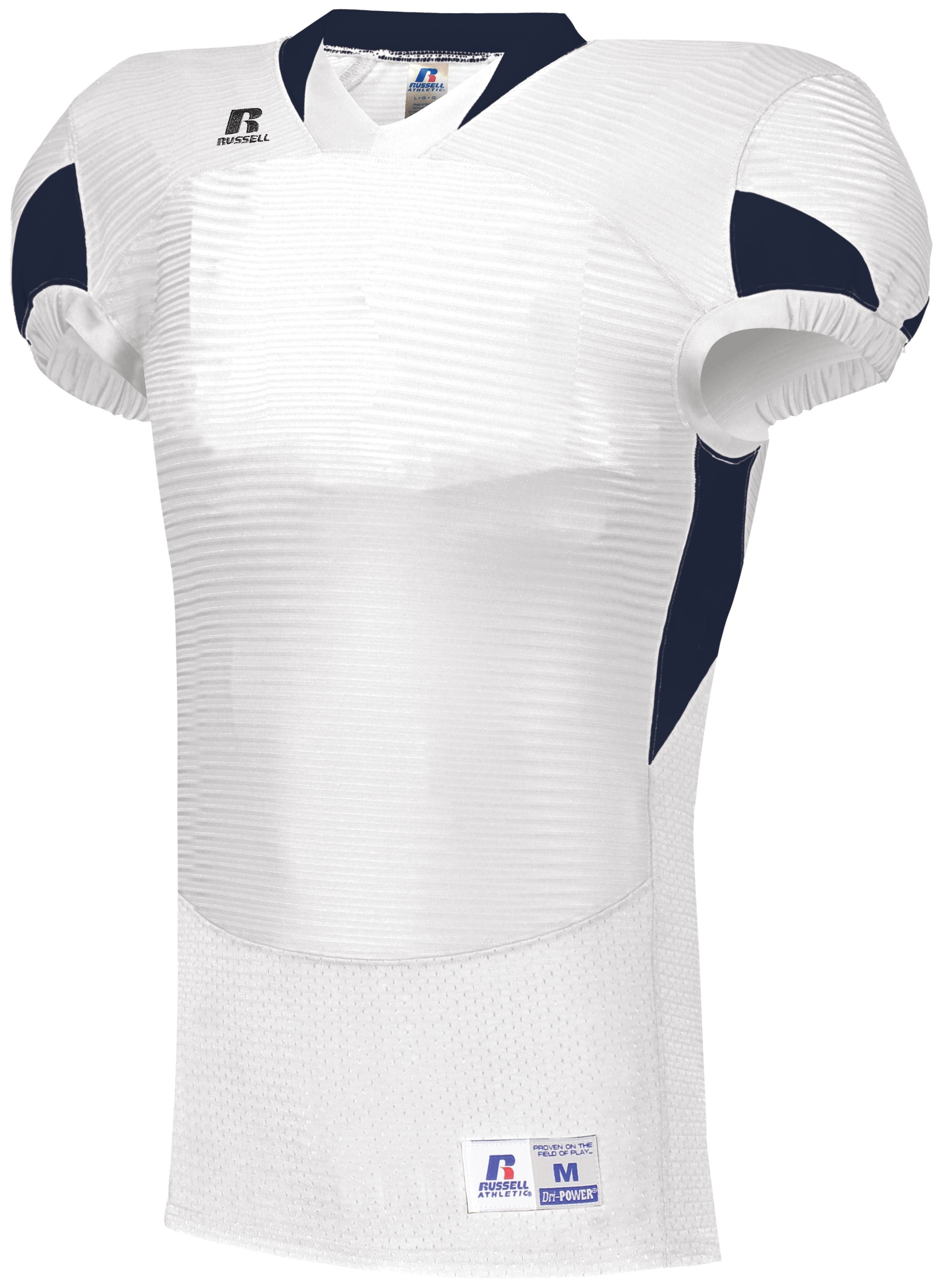 Russell Athletic Waist Length Football Jersey in White/Navy  -Part of the Adult, Adult-Jersey, Football, Russell-Athletic-Products, Shirts, All-Sports, All-Sports-1 product lines at KanaleyCreations.com