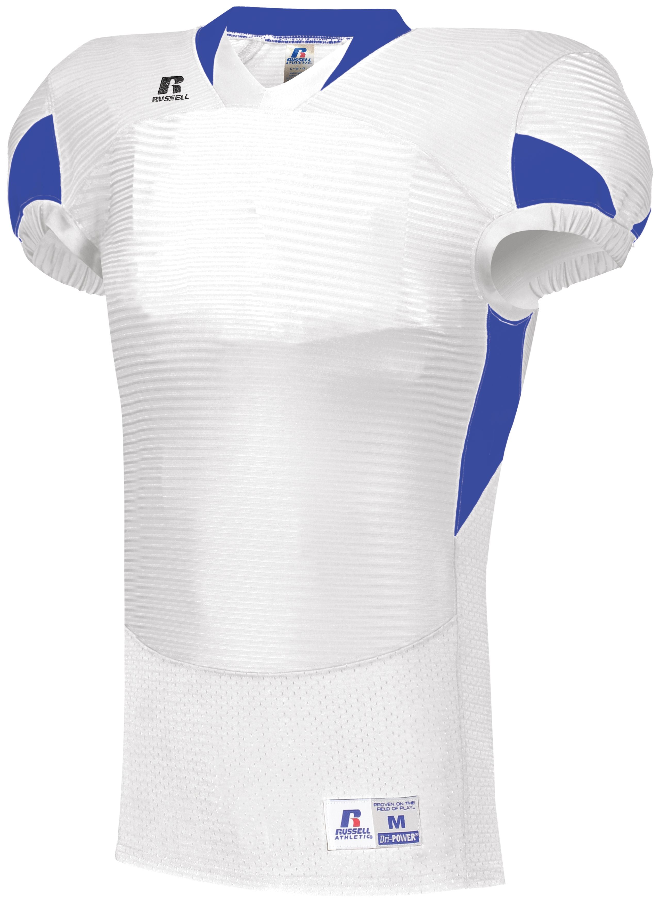 Russell Athletic Waist Length Football Jersey in White/Royal  -Part of the Adult, Adult-Jersey, Football, Russell-Athletic-Products, Shirts, All-Sports, All-Sports-1 product lines at KanaleyCreations.com